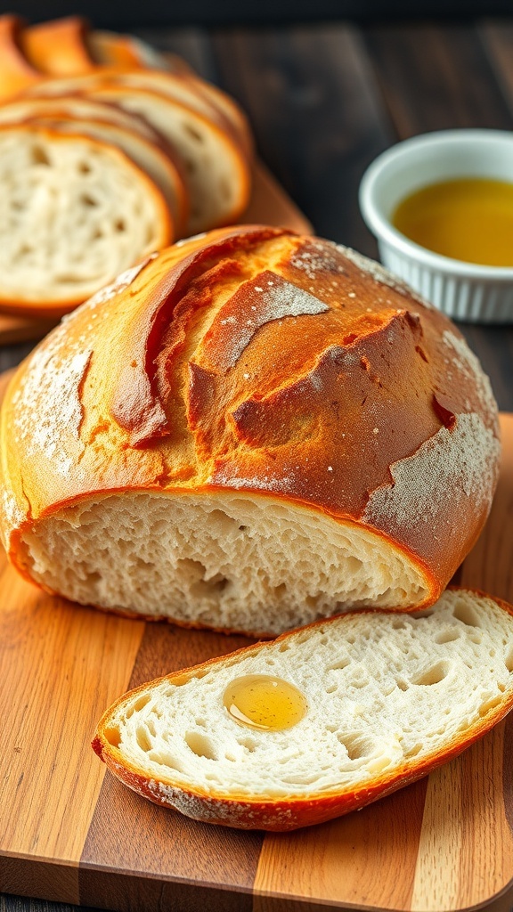 Artisan sourdough bread with a golden crust on a wooden board, sliced to show the airy interior.